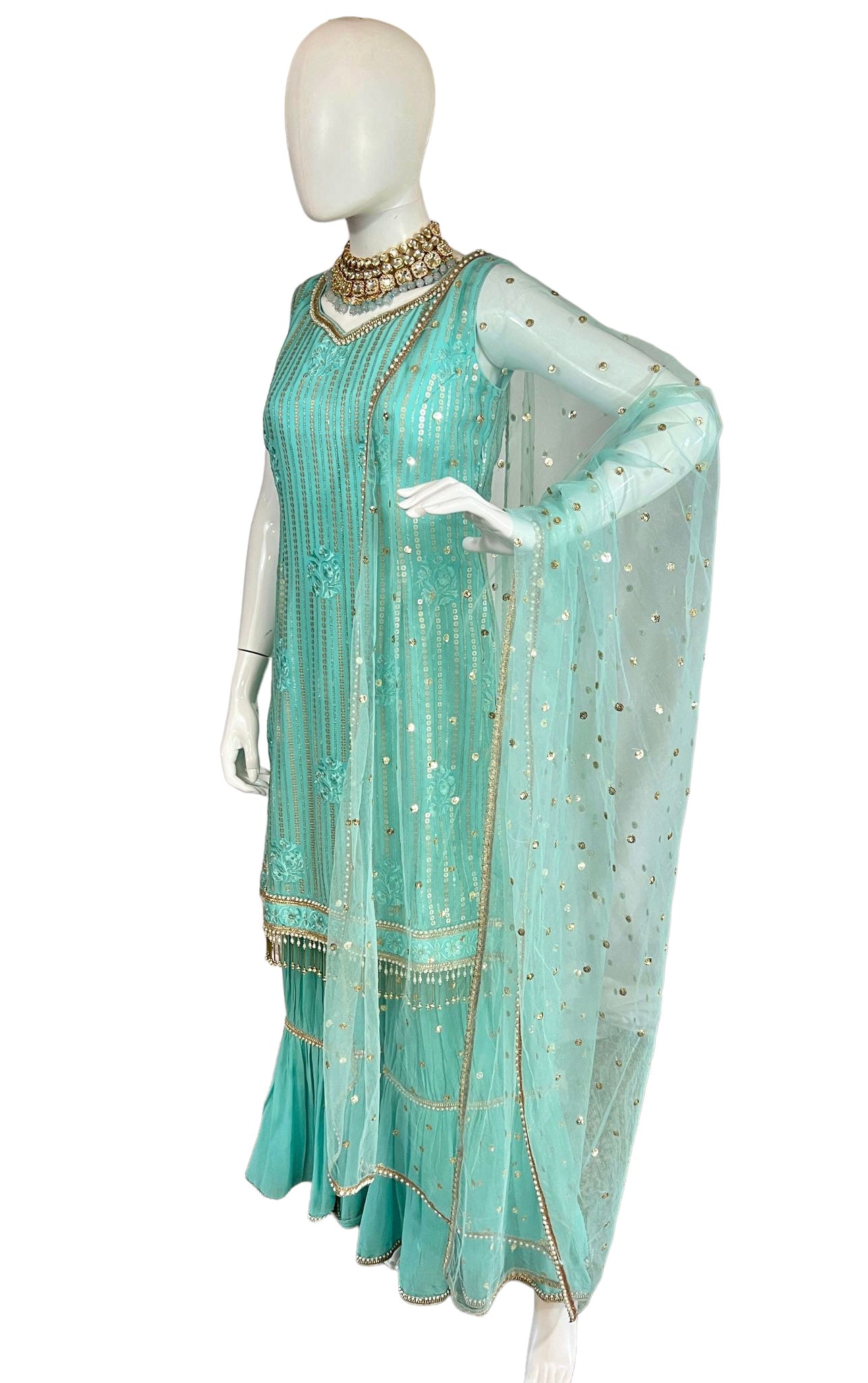 Aqua blue sequins sharara suit