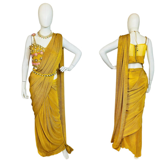 Mustard yellow pre-pleated saree