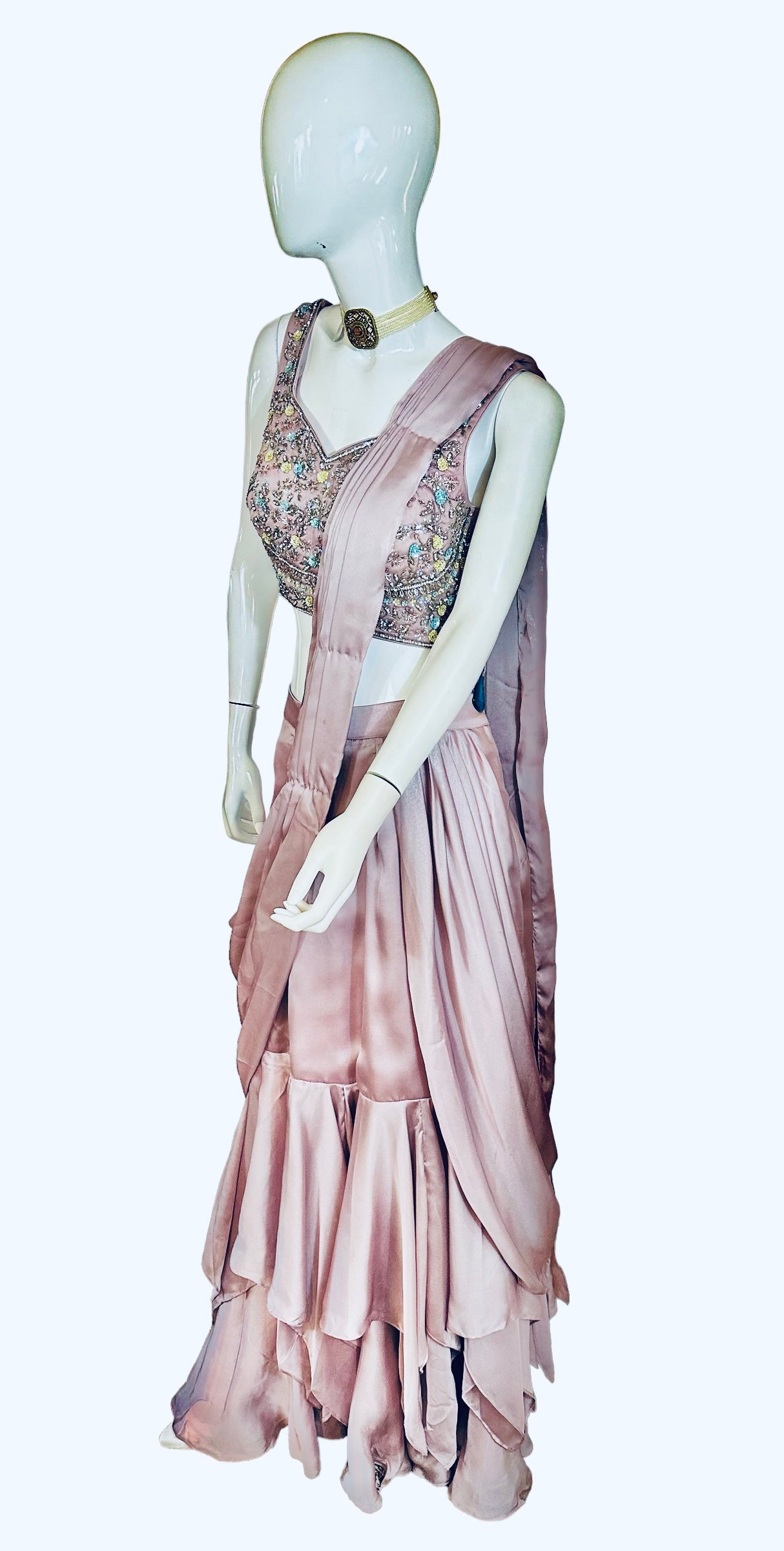 Lilac ruffle stitched saree