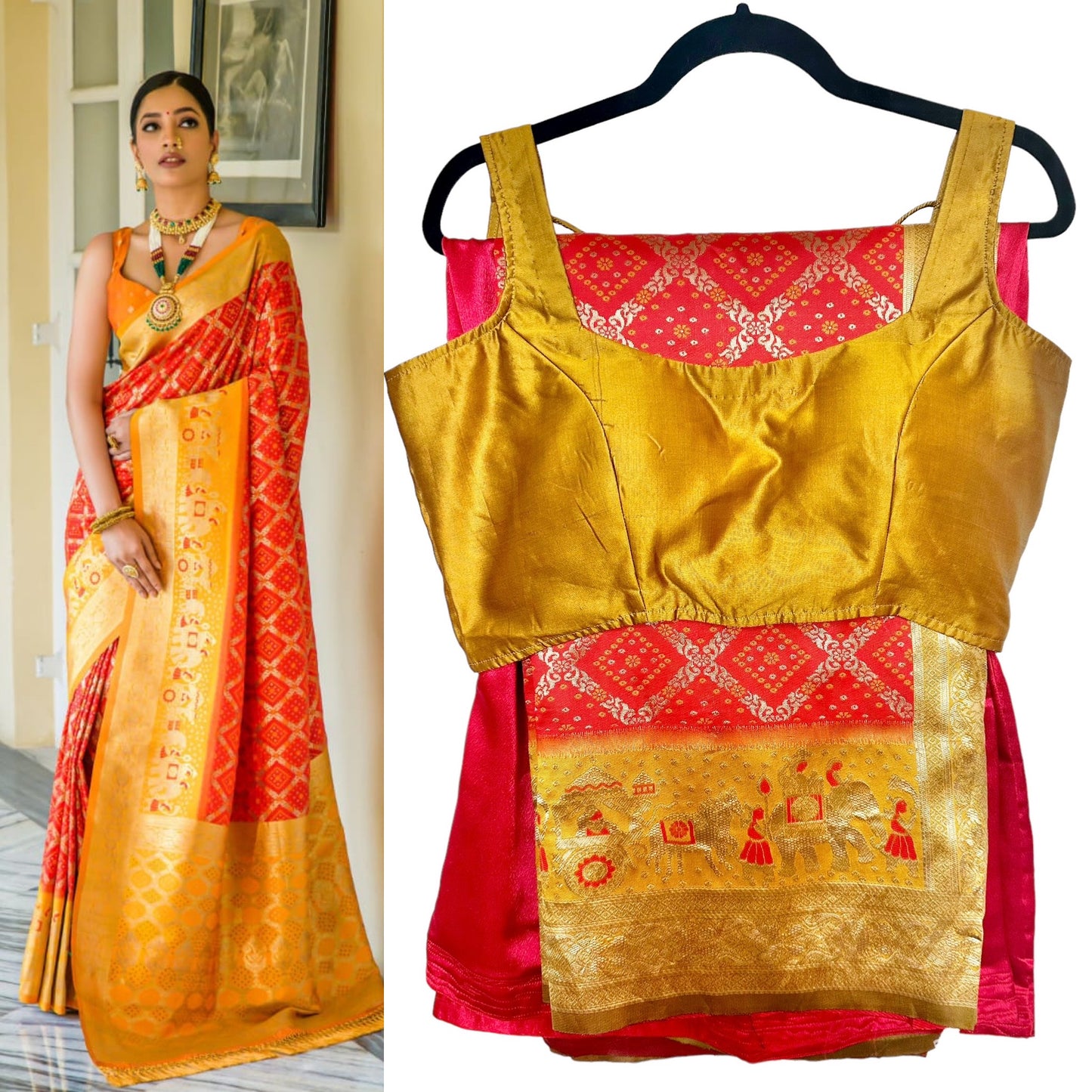 Mustard/red silk saree