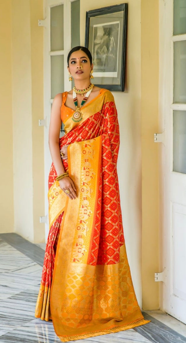 Mustard/red silk saree