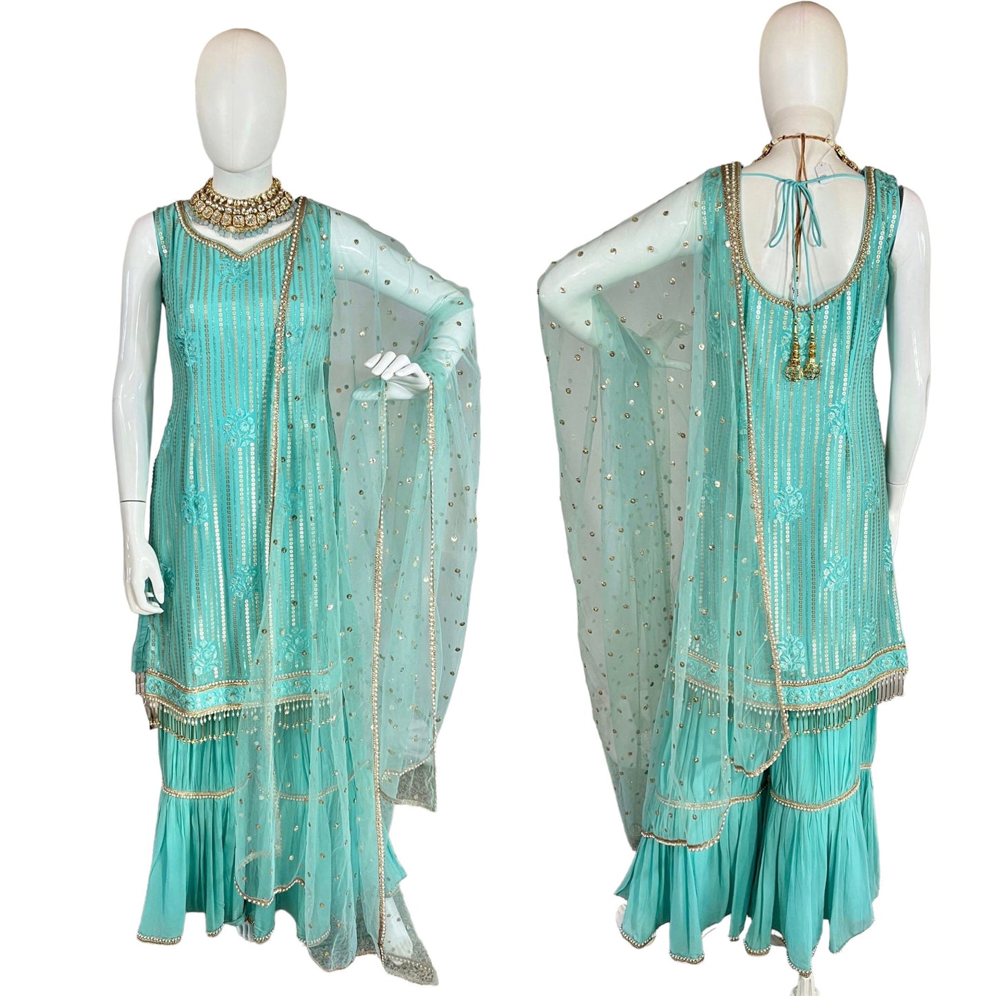 Aqua blue sequins sharara suit