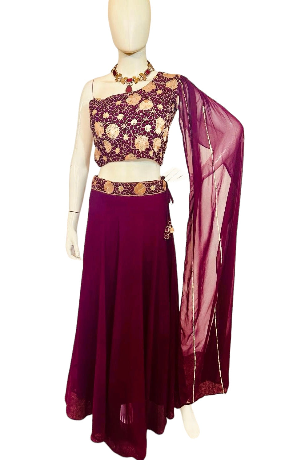 Maroon one-shoulder skirt set