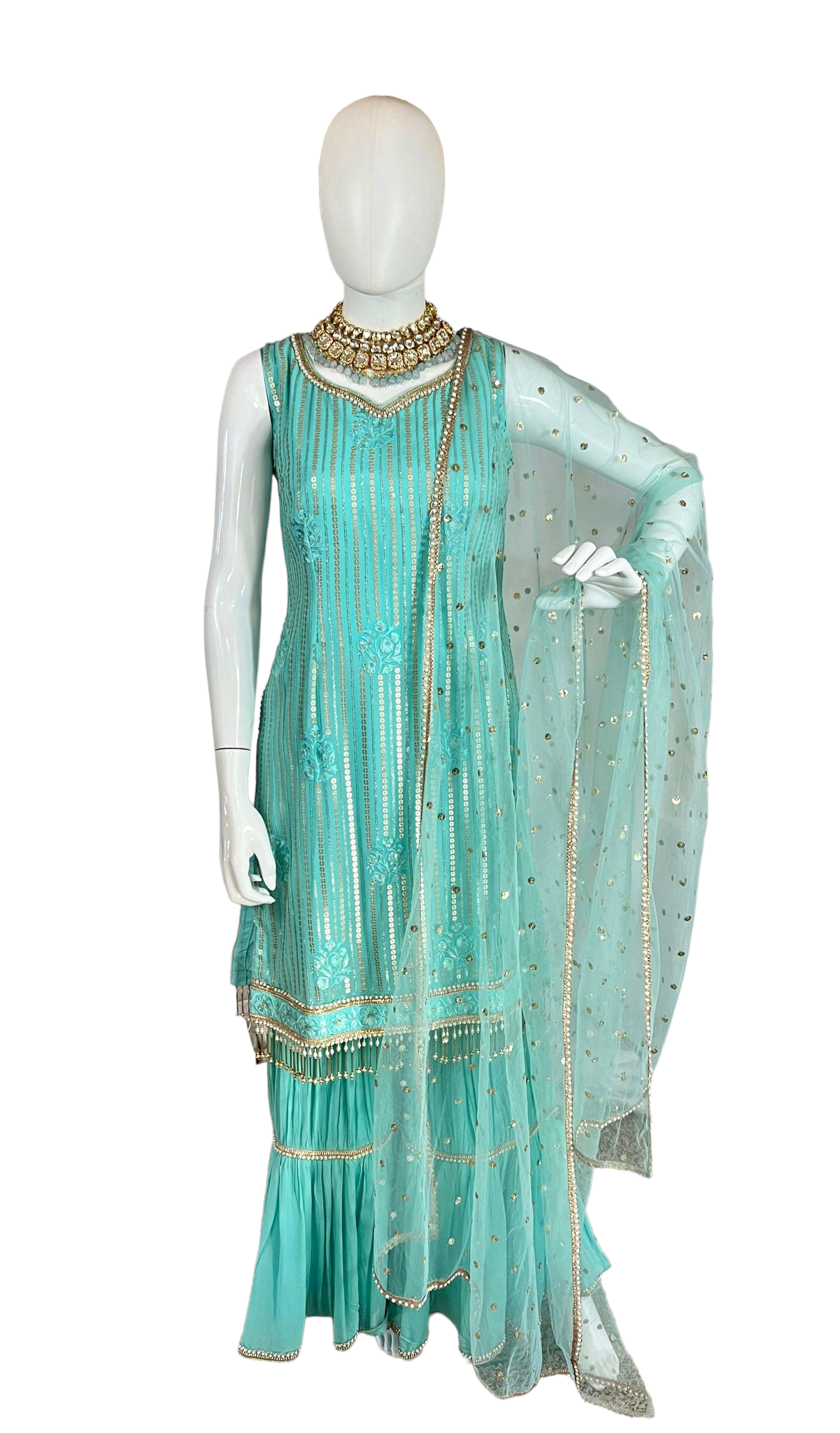 Aqua blue sequins sharara suit