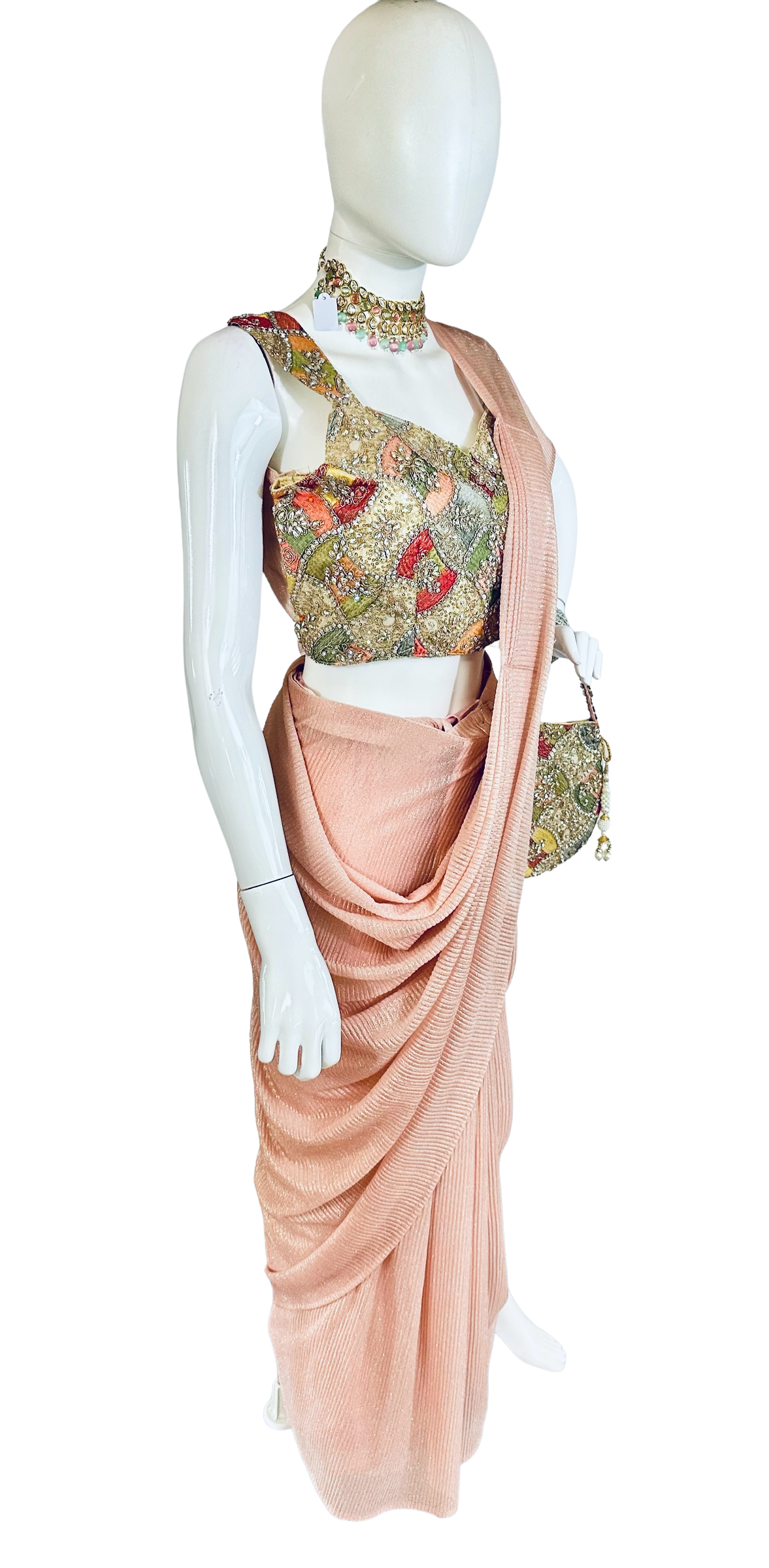 Peach stitched saree