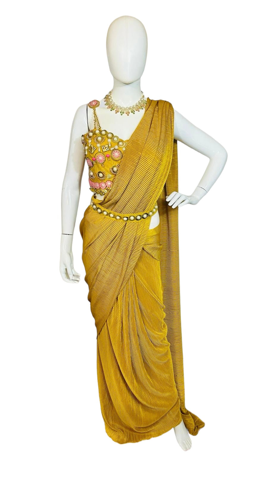 Mustard yellow pre-pleated saree