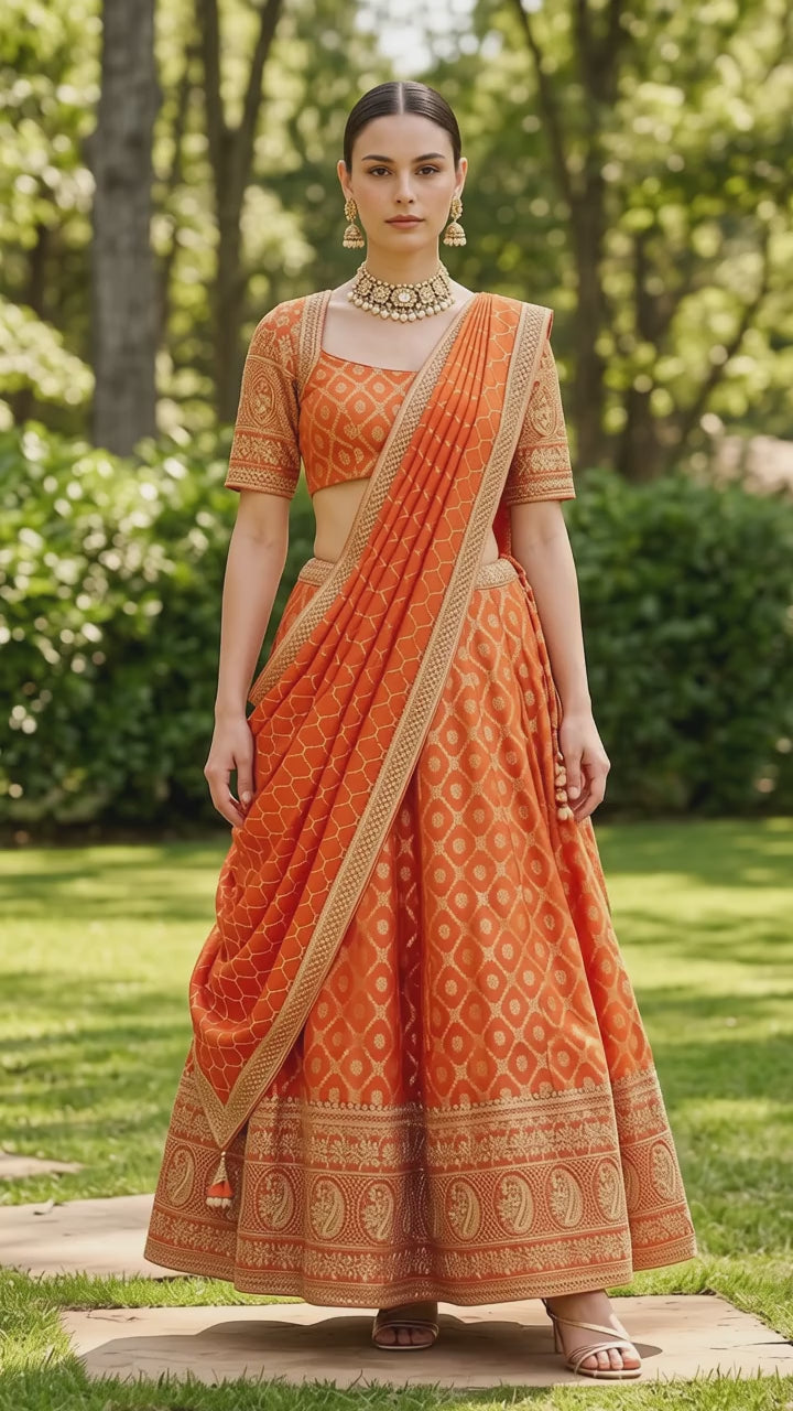 Orange benarasi silk lehenga set