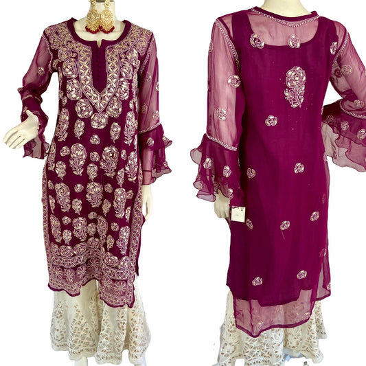 Wine chikankari tunic