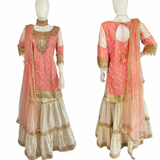 Peachy pink Cotton /net lehenga set