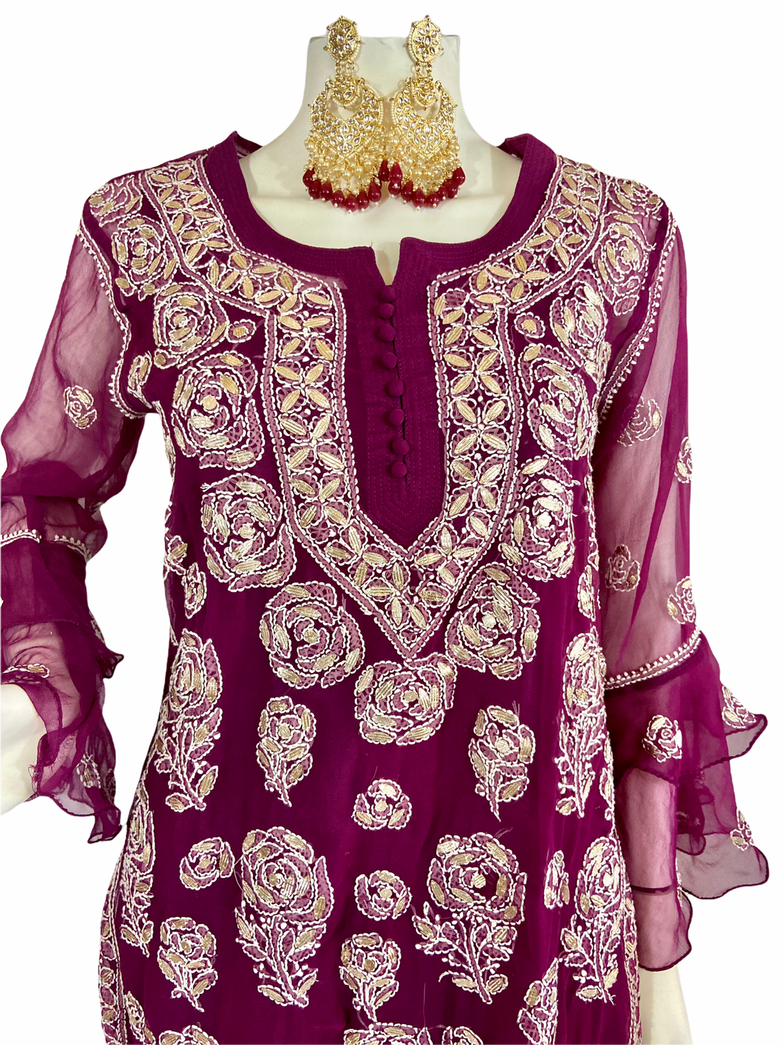 Wine chikankari tunic