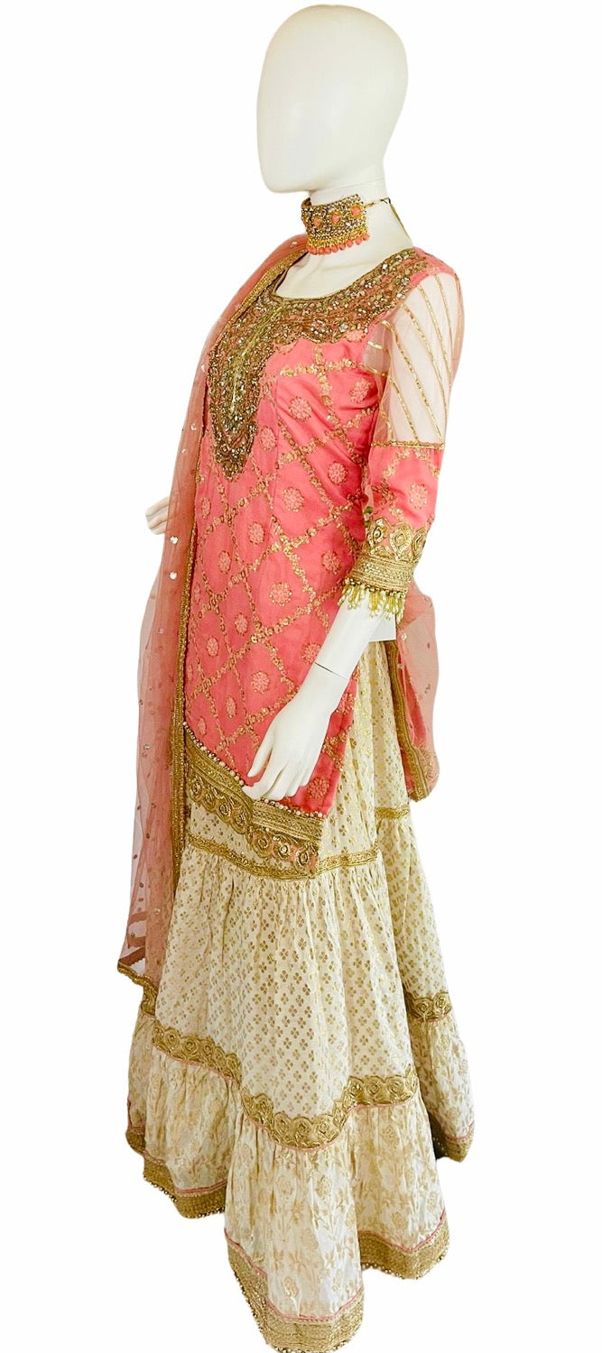 Peachy pink Cotton /net lehenga set