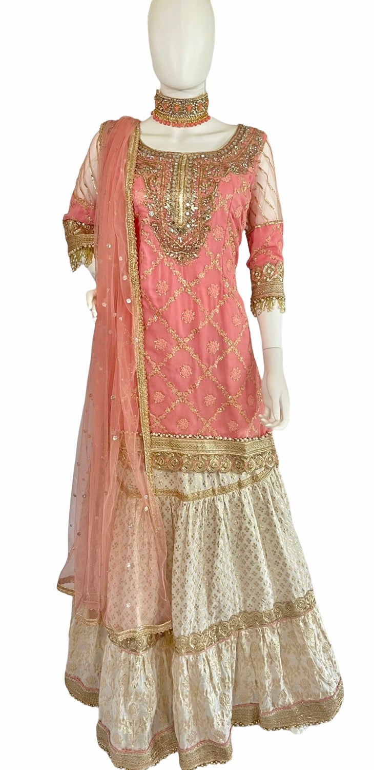 Peachy pink Cotton /net lehenga set