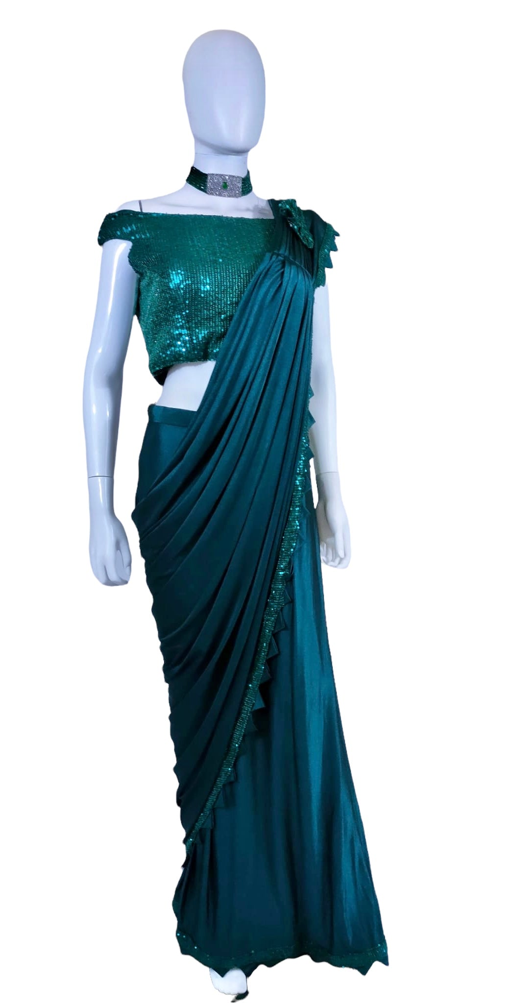 Emerald green stitched saree