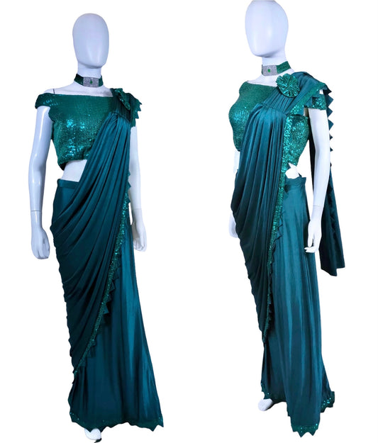 Emerald green stitched saree