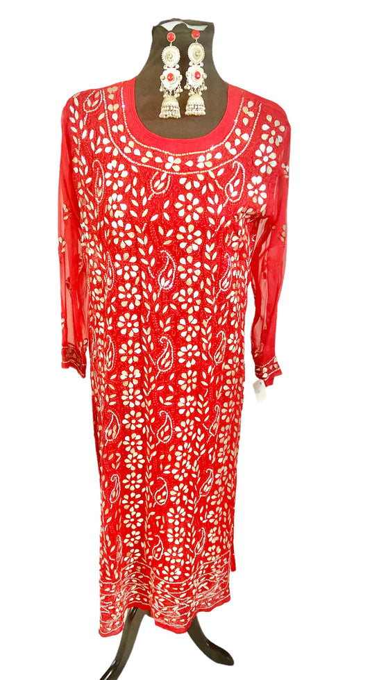 Red chikankari tunic